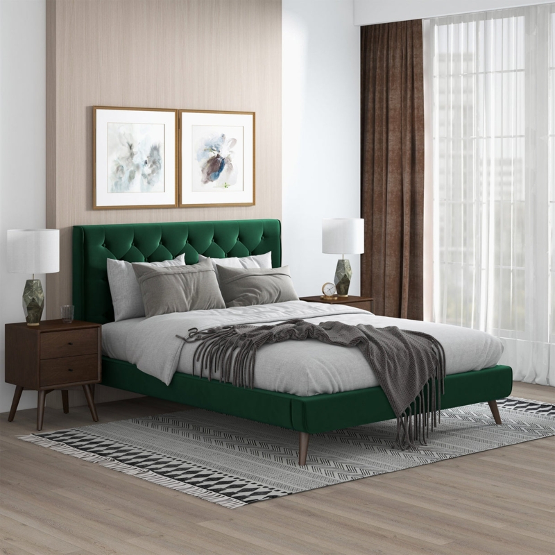 Platform Bed, Mid-Century Modern, Emerald Green Velvet, Diamond Tufted