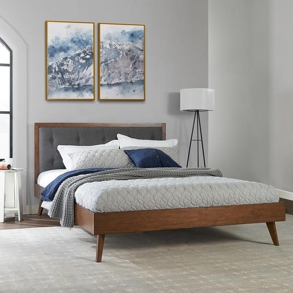 Platform Bed, Mid-Century Modern, Tufted Headboard and Tapered Wood Legs