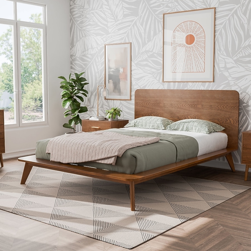 Platform Bed: Mid-Century Modern Walnut, Tall Wood Grain Headboard