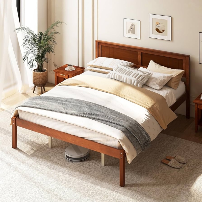 Platform Bed Mid Century Warm Wood Paneled Headboard Tapered Legs