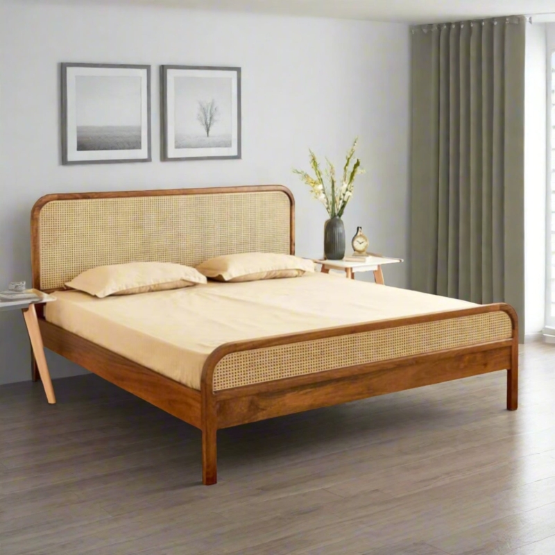 Platform Bed Mid Century Wood Bed Rounded Corners Cane Panels