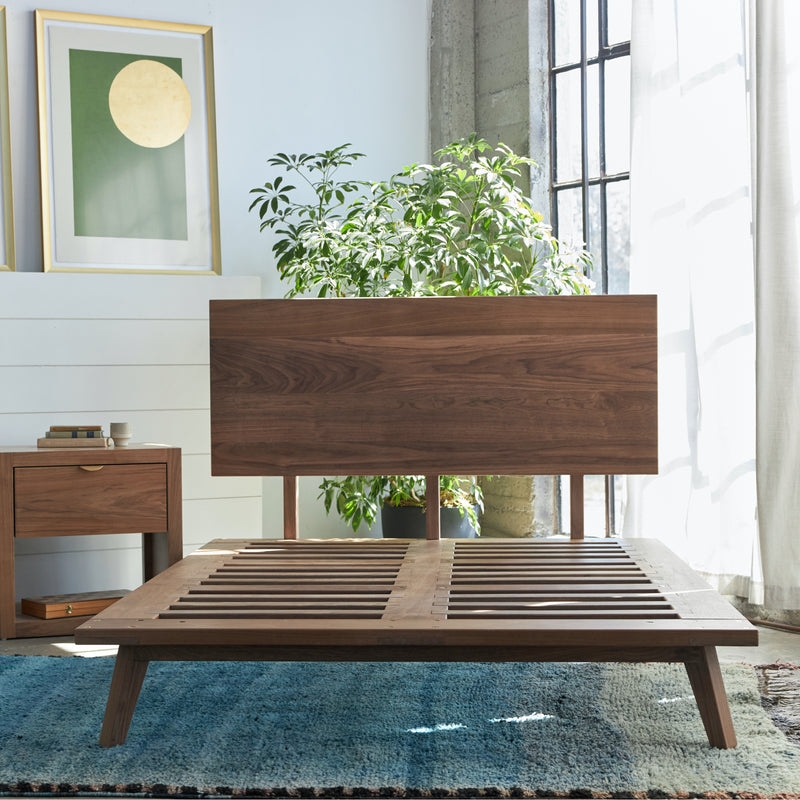 Platform Bed, Mid-Century Wood, Tapered Legs, Wide Solid Headboard
