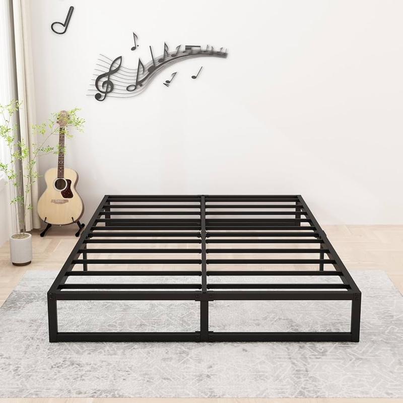 Platform Bed Minimalist Matte Black Metal Slatted Base