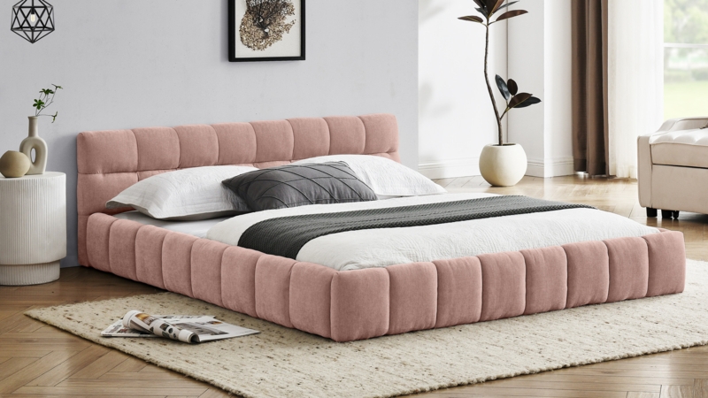 Platform Bed: Modern Channeled Headboard, Low Profile, Blush Fabric