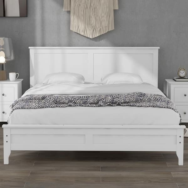 Platform Bed Modern Paneled Headboard with All-White Finish