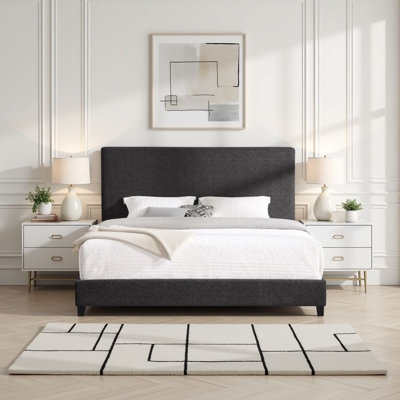Platform Bed Modern Tall Textured Upholstered Headboard
