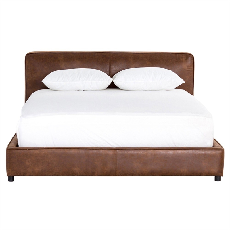 Platform Bed Mottled Brown Faux Leather Winged Headboard Rustic Lodge Style