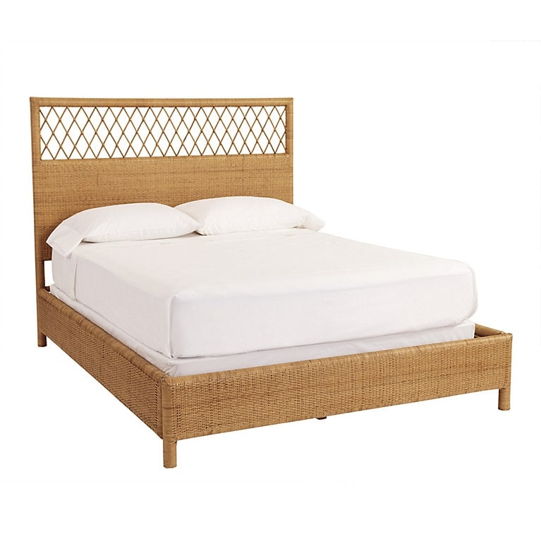 Platform Bed: Natural Woven Rattan with Lattice Headboard, Coastal Style.