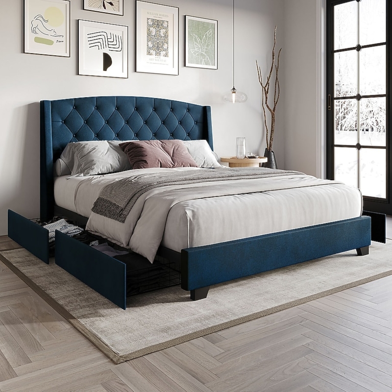 Platform Bed Navy Velvet Wingback Tufted Storage Bed with Drawers