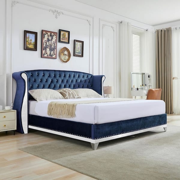 Platform Bed Navy Velvet Wingback with Silver Nailhead Trim