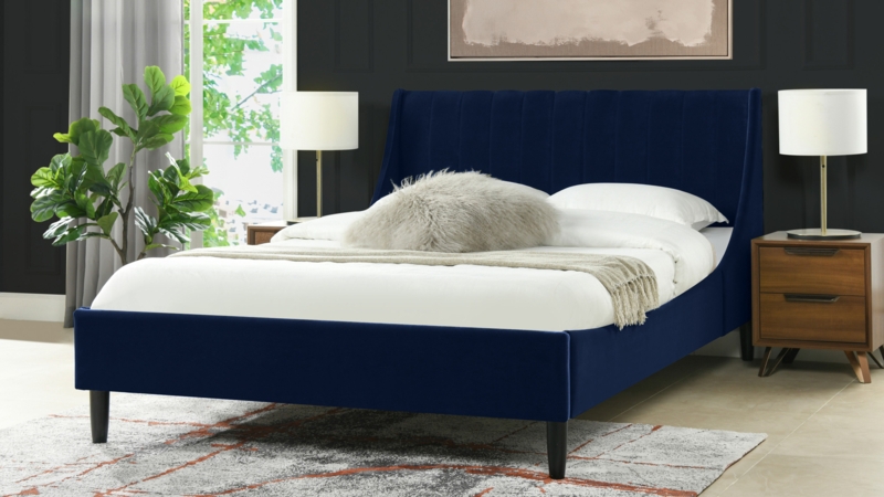 Platform Bed, Navy Velvet with Vertical Channel Tufting Wingback