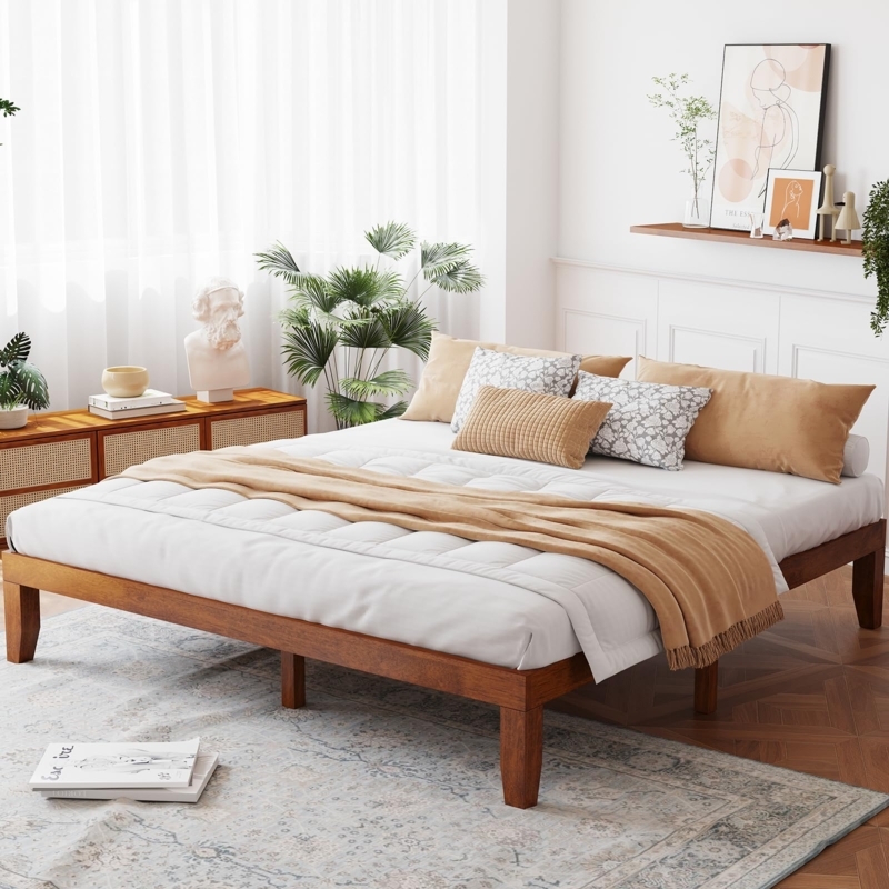 Platform Bed No Headboard Walnut Finish Tapered Legs Minimalist Style