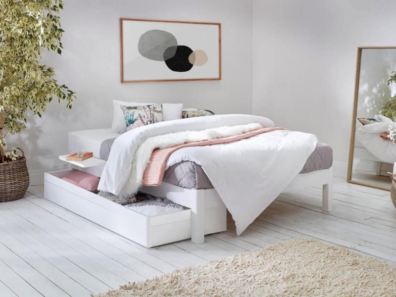 Platform Bed No Headboard with Clip-On Shelf and Storage Drawer