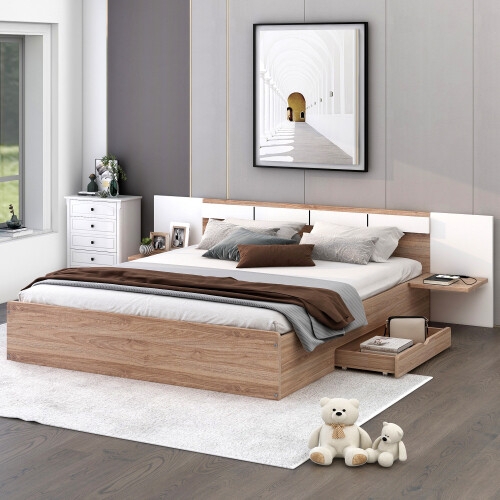 Platform Bed Oak And White Two Tone Integrated Shelving Storage Bed