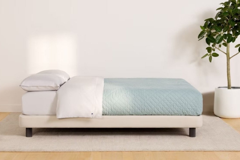 Platform Bed Oatmeal Upholstery Minimalist Design Clean Lines