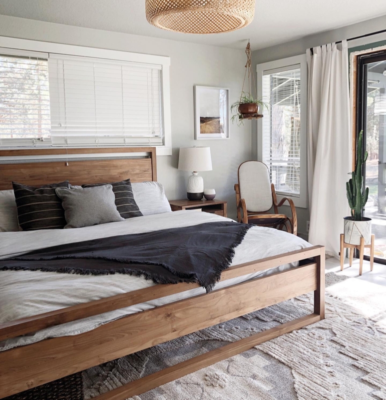 Platform Bed Open Frame Base Wood Toned Minimalist Bohemian Style