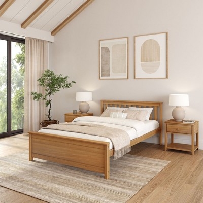 Platform Bed Pecan Wood Slatted Headboard Transitional Frame