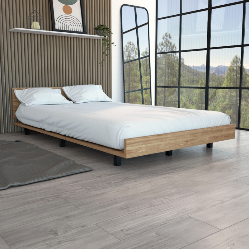 Platform Bed Pine with Low-Profile Base and Integrated Headboard