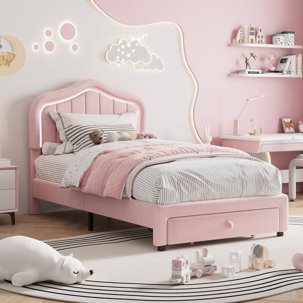 Platform Bed Pink Upholstered LED Headboard Footboard Storage Drawer