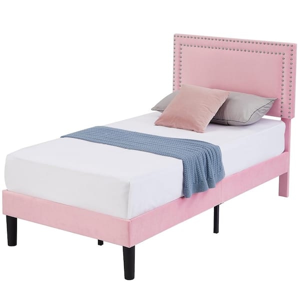 Platform Bed Pink Upholstered Nailhead Trim Rectangular Headboard