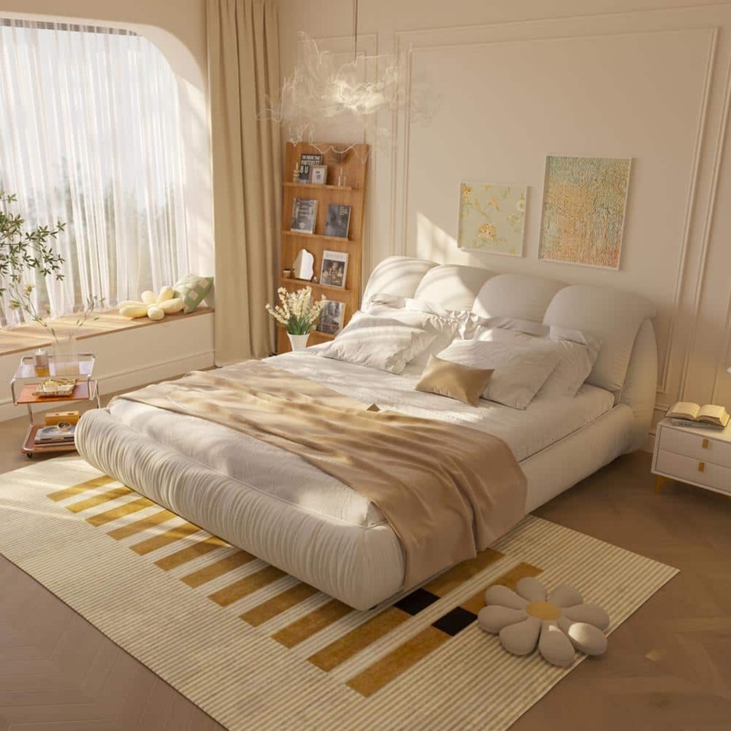 Platform Bed Pleated Base Segmented Headboard Minimalist Contemporary
