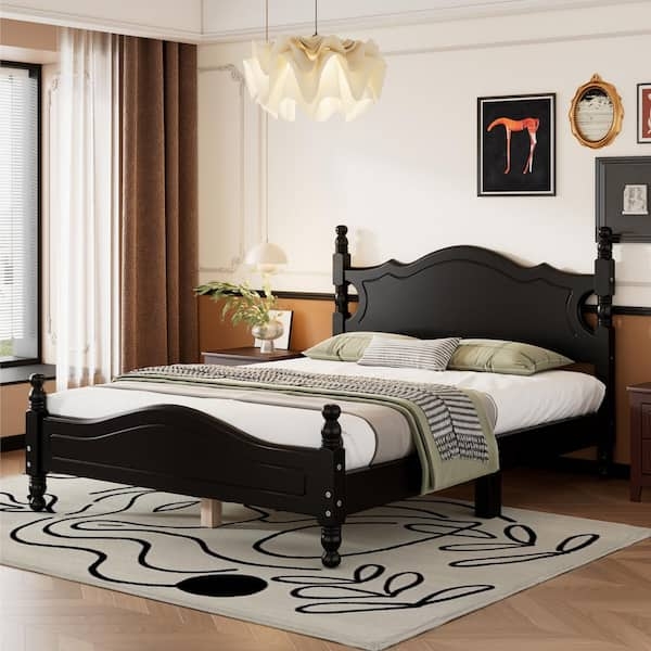 Platform Bed Royal Retro Wood Arched Headboard Turned Legs