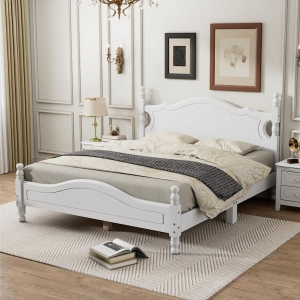 Platform Bed Royal Style with Ornate Cutout Headboard White Wood