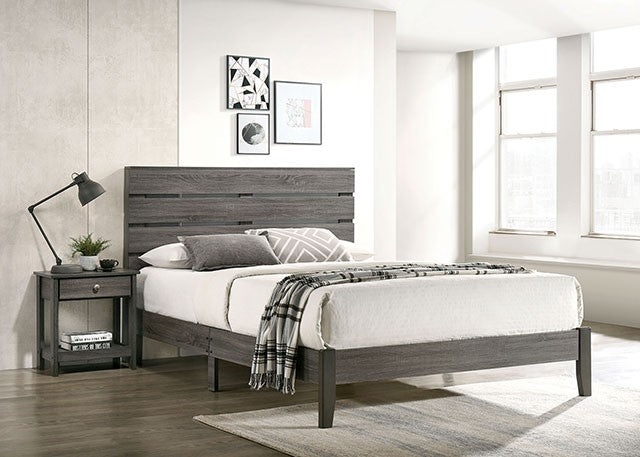 Platform Bed Rustic Wood Finish Tapered Legs Slatted Headboard