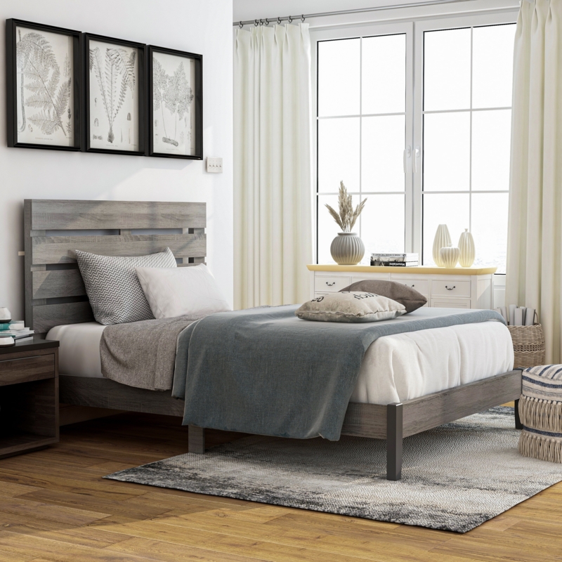 Platform Bed Rustic Wood Washed Finish Slatted Headboard