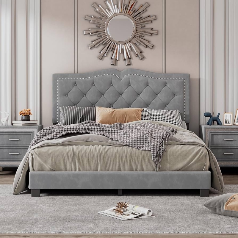 Platform Bed: Scalloped Upholstered Headboard with Nailhead Trim