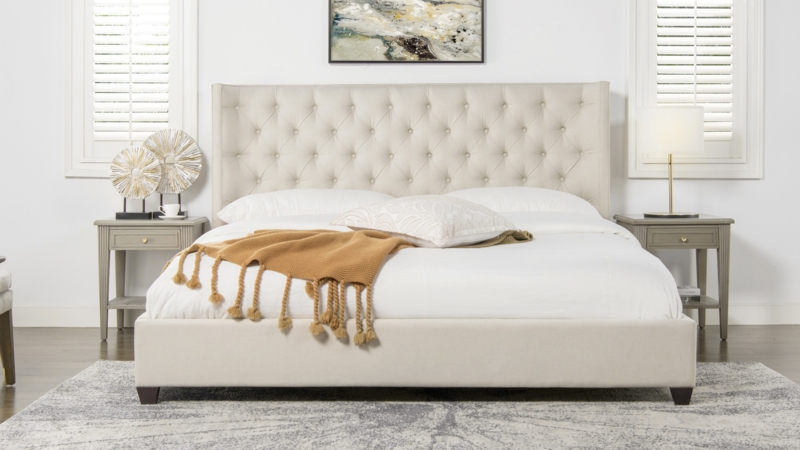 Platform Bed Shelter Headboard Diamond Tufted Light Beige Transitional