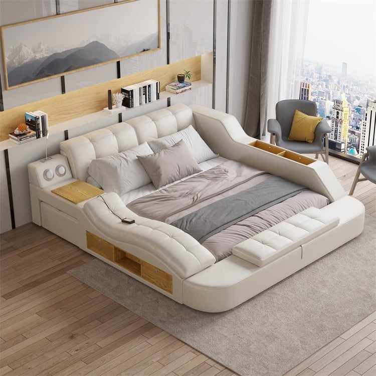 Platform Bed Side Lounge Integrated Speakers Off-White Smart Features