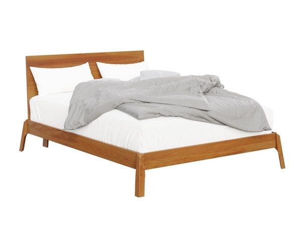 Platform Bed Slanted Headboard Mid-Century Tapered Legs Wood Tone