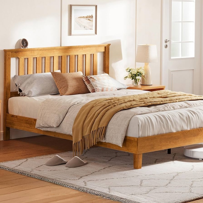 Platform Bed Slatted Headboard Honey Wood Finish Scandinavian Style