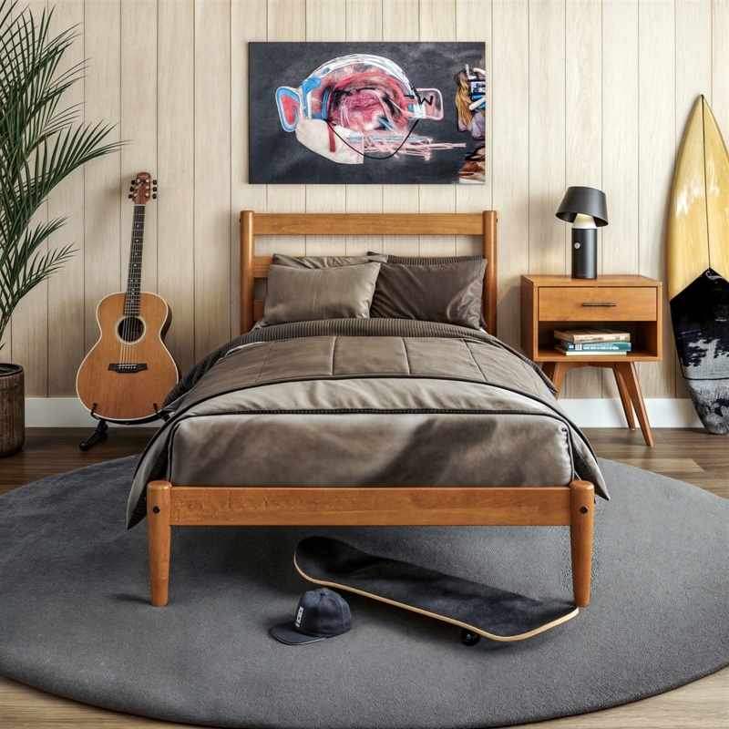 Platform Bed Slatted Headboard Tapered Legs Warm Brown Wood