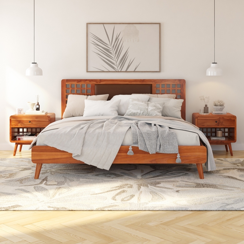Platform Bed Slatted Headboard Teak Wood Tapered Legs