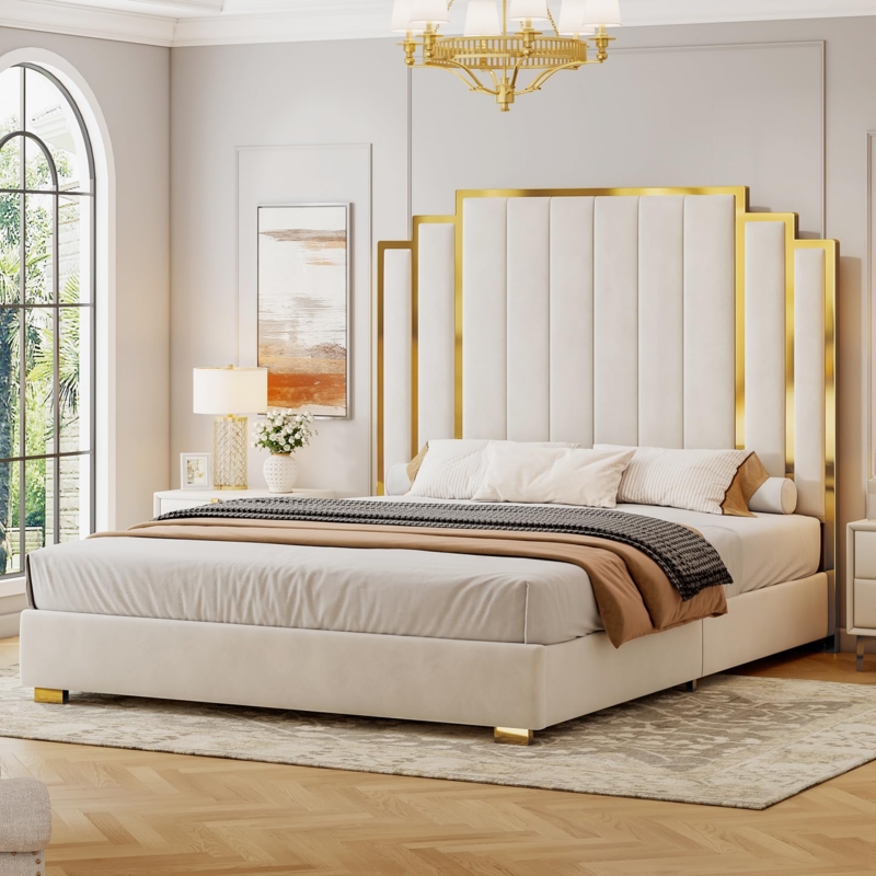 Platform Bed Stepped Headboard Gold Trim Velvet Art Deco