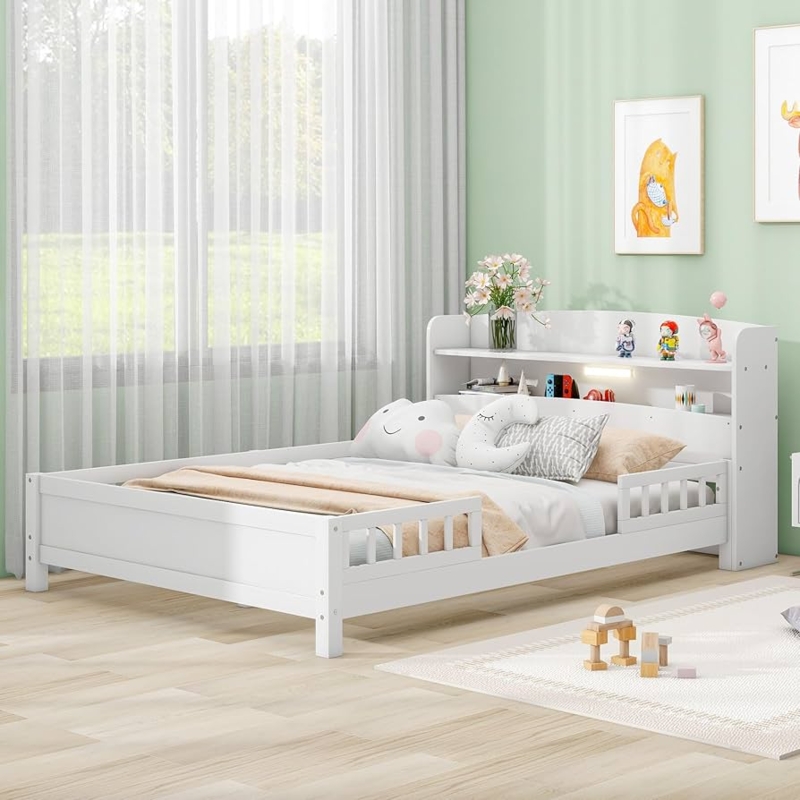 Platform Bed Storage Headboard Fence Rails White LED Lighting