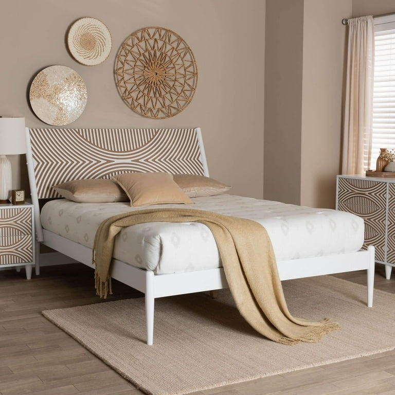 Platform Bed Sunburst Pattern Headboard White Tapered Legs