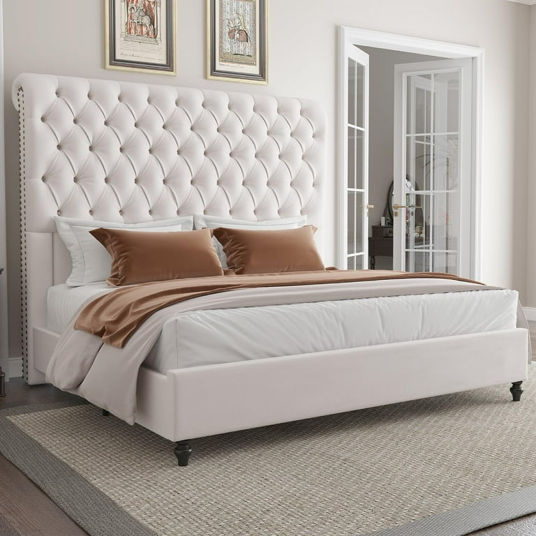 Platform Bed Tall Velvet Diamond Tufted with Turned Legs