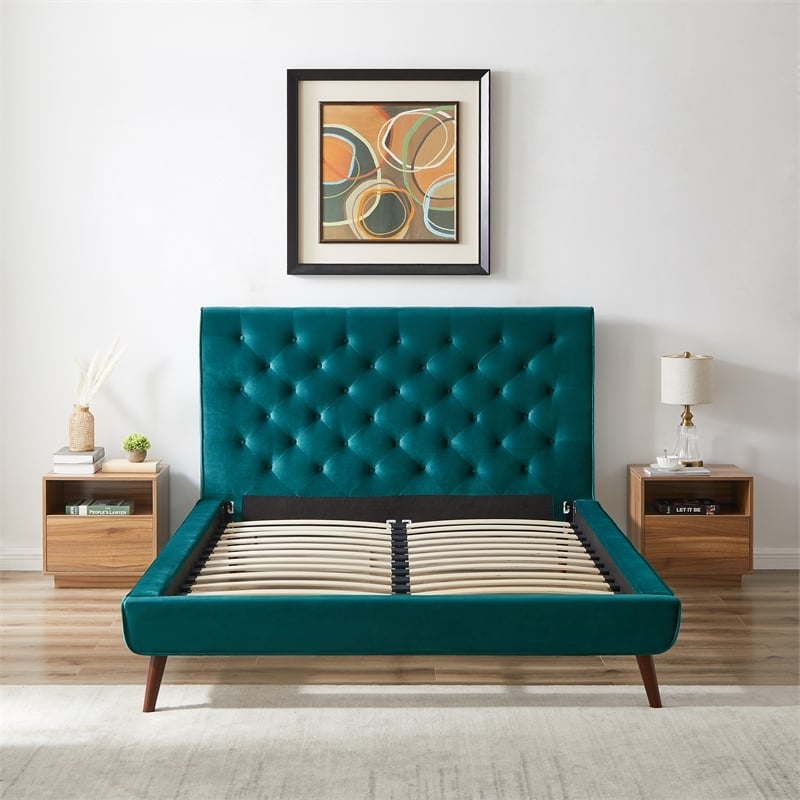 Platform Bed Teal Velvet Vertical Channeled Tufting Tapered Wood Legs
