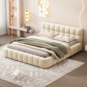 Platform Bed, Thick Fabric Oversized Channel Tufted, Low Profile