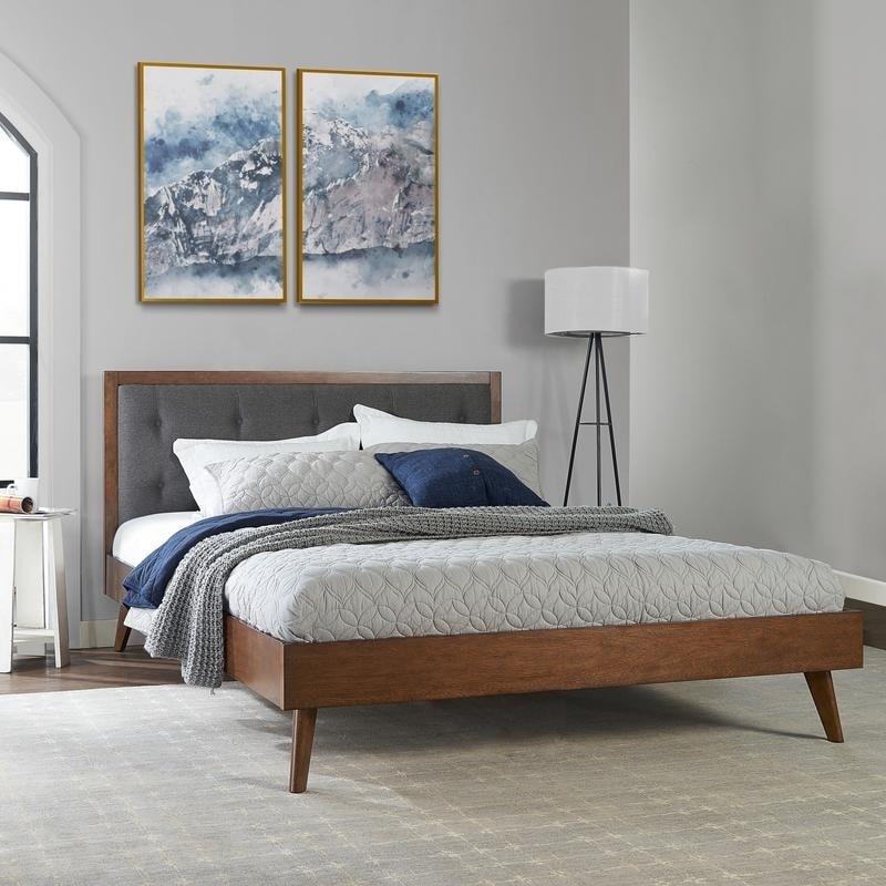 Platform Bed Tufted Headboard Tapered Legs Grey Upholstered Mid-Century