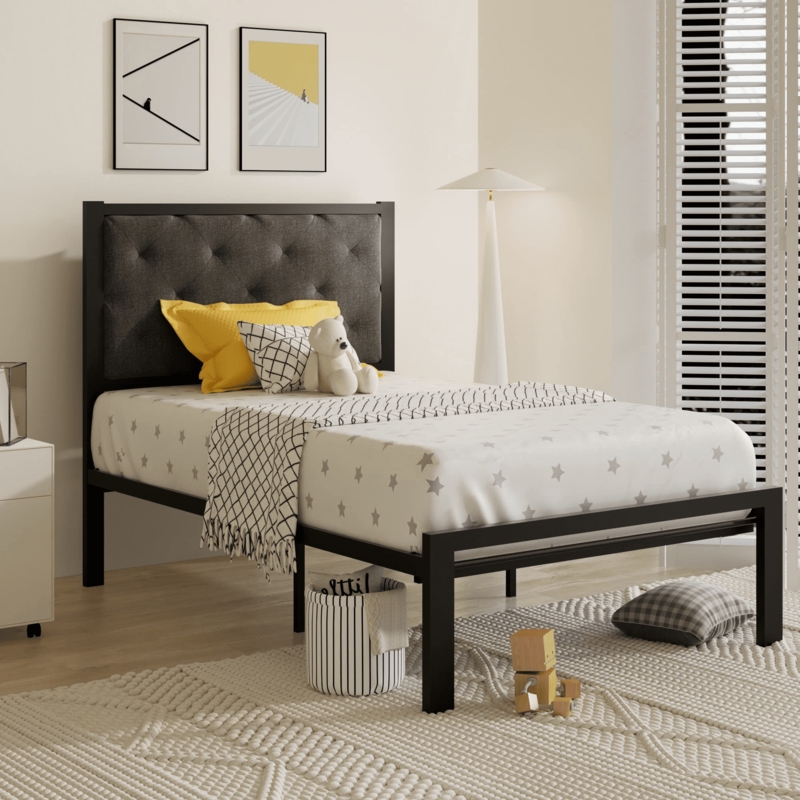 Platform Bed Twin Black Metal Frame Grey Tufted Headboard Modern