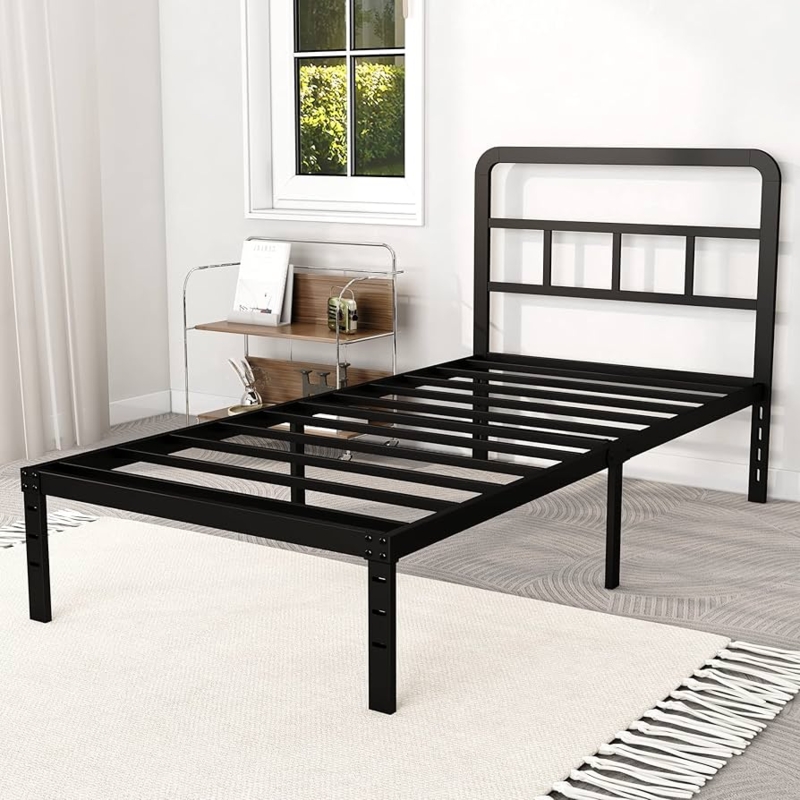 Platform Bed Twin Geometric Headboard Metal Frame Slatted Base