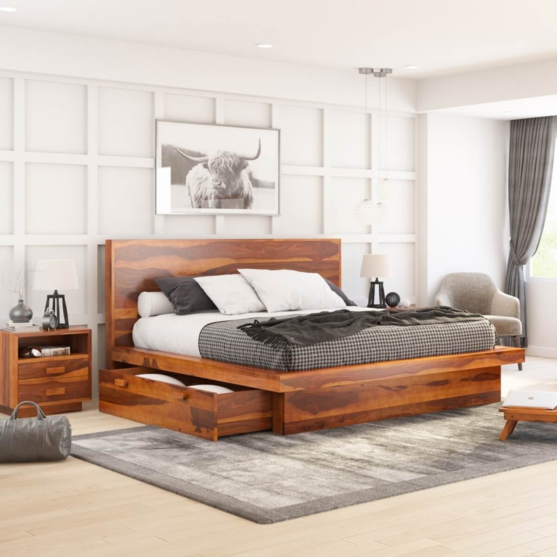 Platform Bed Under Bed Storage Variegated Wood Grain Rustic Modern