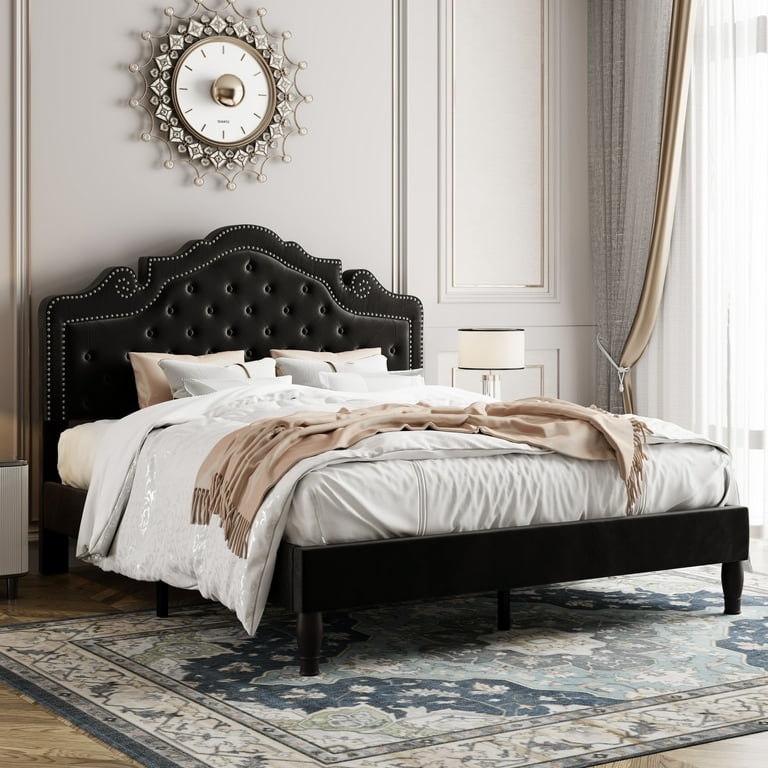 Platform Bed Velvet Tiara Shaped Headboard Silver Trim