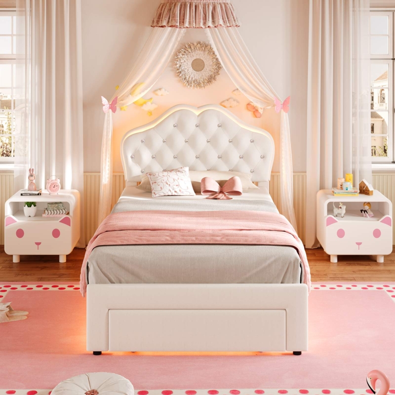 Platform Bed Velvet White with Crystal Button Tufting and LED Lighting