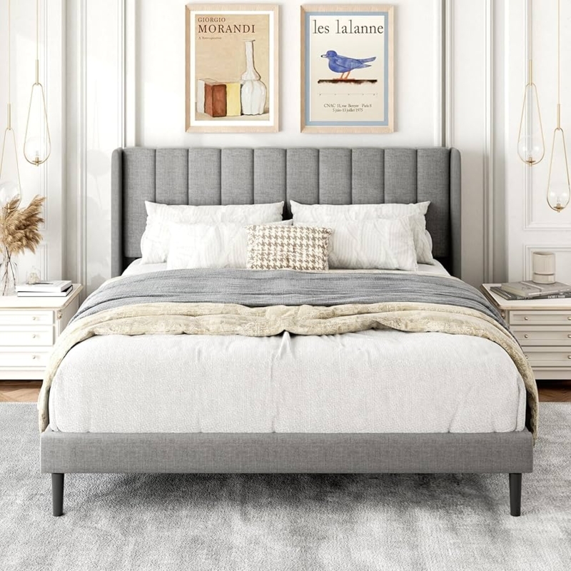 Platform Bed Vertical Channel Tufted Wingback Headboard