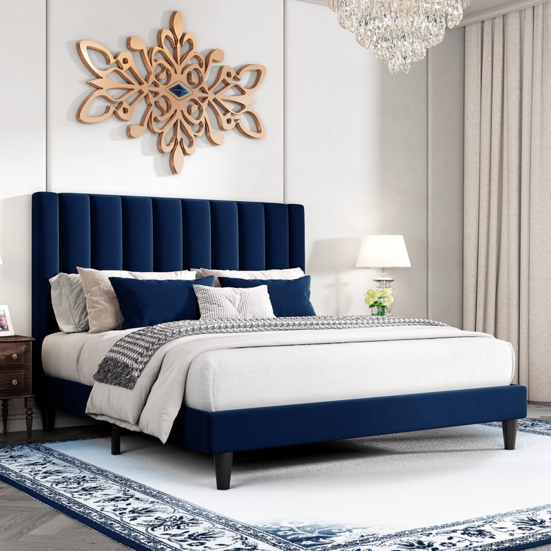 Platform Bed Vertical Channel Tufting Tapered Wood Legs Velvet